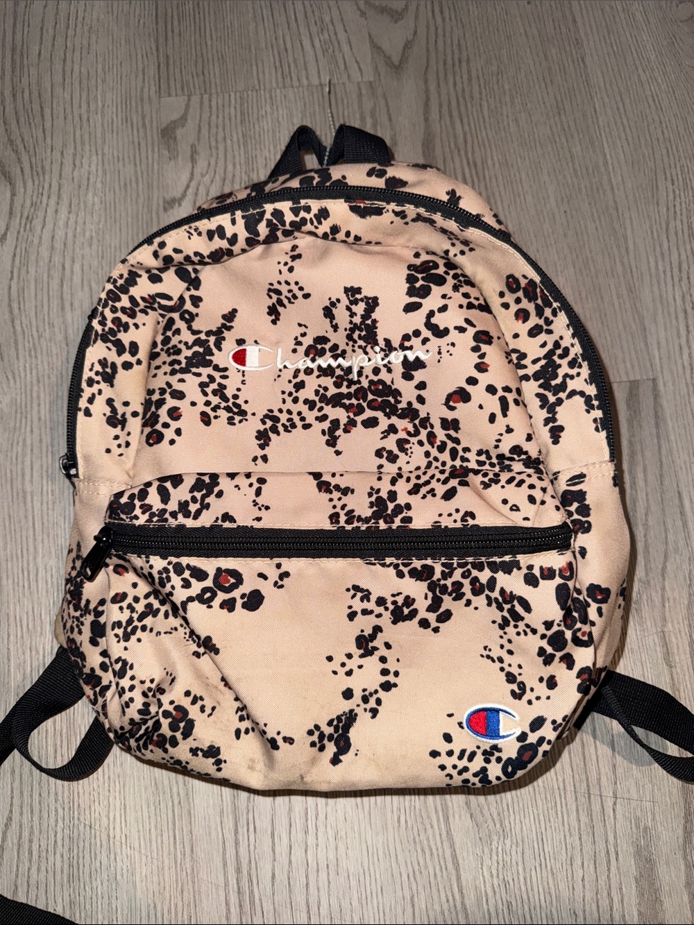 Champion Beige and Black Leopard Print Mini Backpack